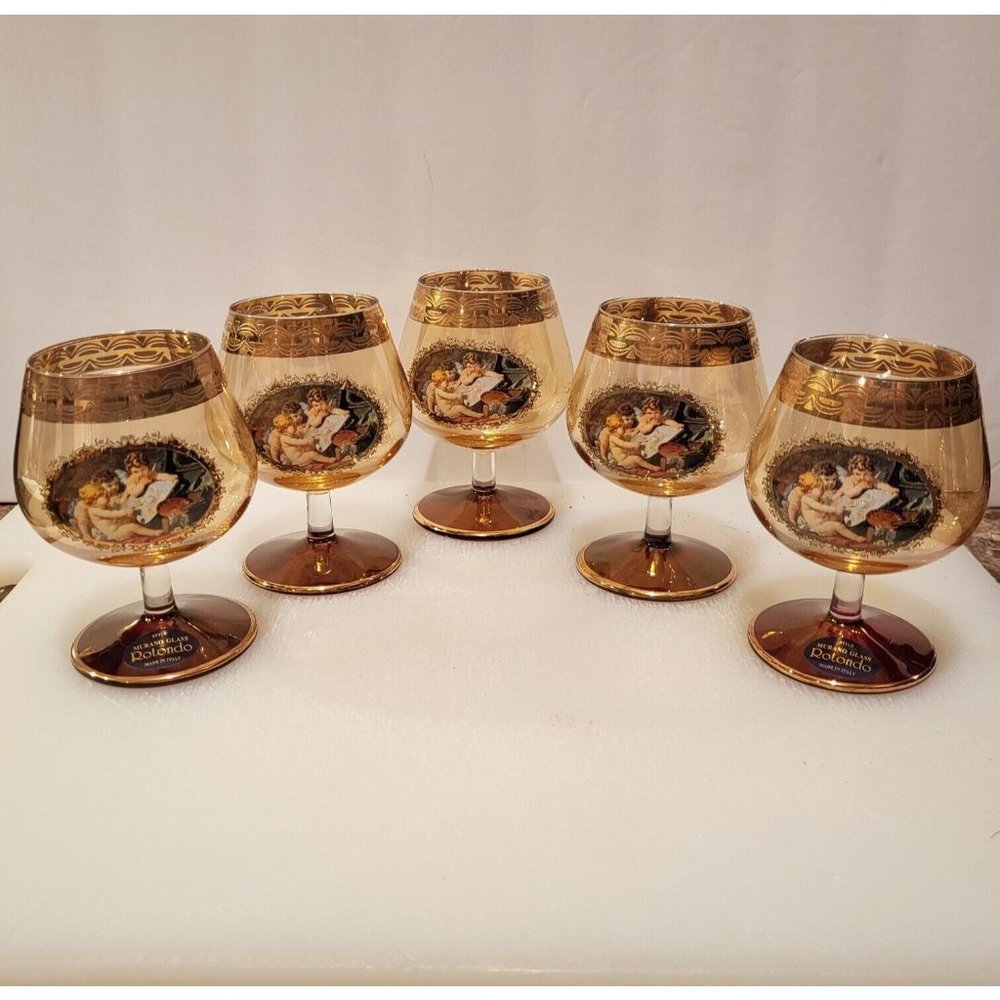 MURANO ROTONDO CHERUBS Set of 5 CORDIAL GLASSES GOLD TRIM ITALY